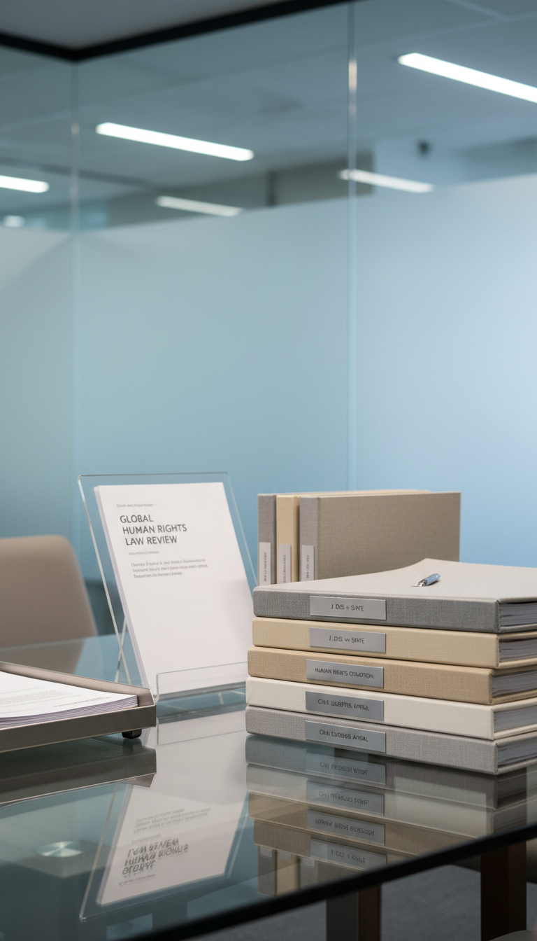 A structured arrangement of neutral-toned folders, textured with understated linen patterns and marked with minimalist metallic labels referencing human rights case studies. They rest on a glass meeting table adjacent to a brushed-steel document tray and a transparent acrylic stand holding a legal report. The environment is a private institutional workspace, with a blurred background of frosted-glass partitions and integrated lighting fixtures. Bright, cool ambient lighting lends a sense of transparency and modern professionalism, while soft shadows add dimensionality. The composition is shot from an eye-level perspective with a rule of thirds layout, evoking meticulous order, responsibility, and confidentiality in a corporate, photographic style.
