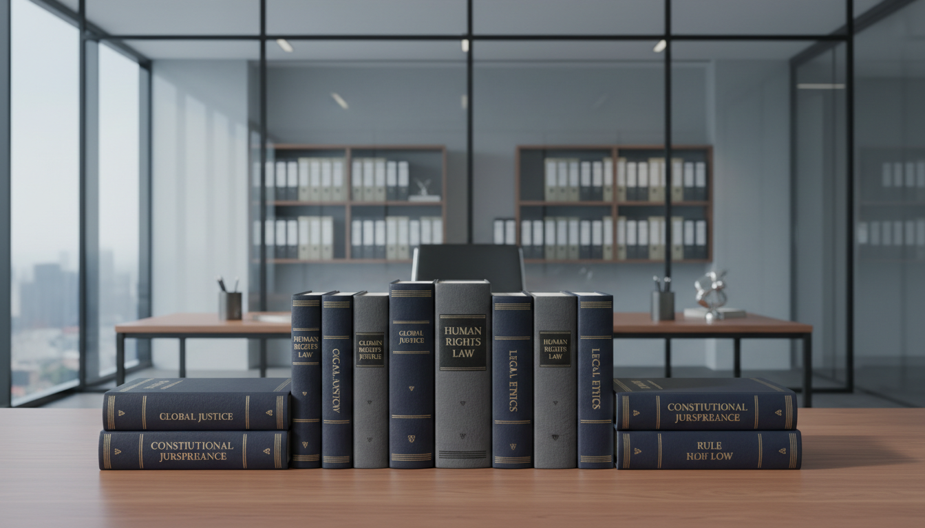 A meticulously arranged set of hardcover legal books with elegant, embossed titles in gold set atop a sleek, matte-finish walnut desk. The volumes have dark navy blue and charcoal-gray covers that radiate professionalism. The scene is in a refined, modern office setting with expansive glass walls, providing a backdrop of neatly organized case files and muted silver office accessories. Cool, diffused daylight softly illuminates the scene, casting subtle, precise shadows. The mood is one of clarity and authority, enhanced by a slightly elevated angle and centered, balanced composition with crisp photographic realism. The image feels trustworthy and aligns with the rigorous work of a leading independent legal observatory on human rights and justice.
