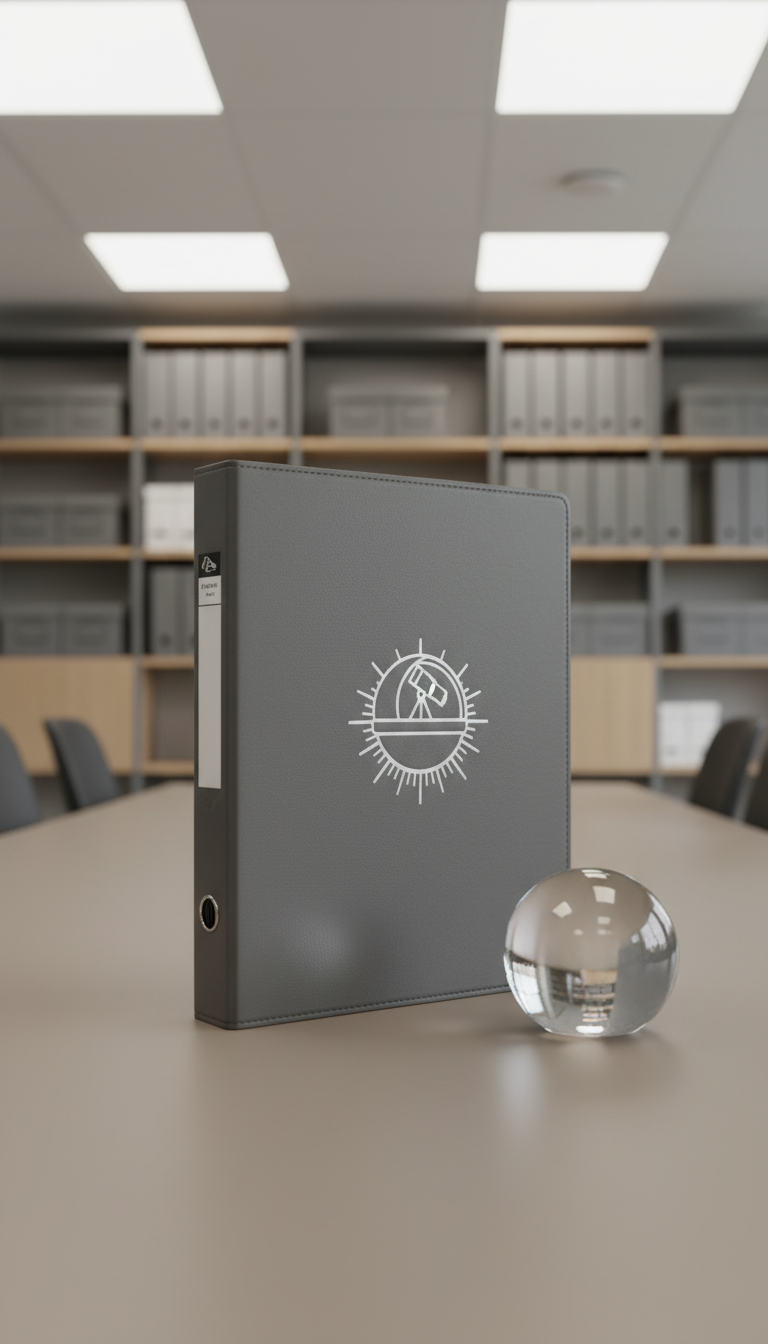 A close-up of a graphite-gray, leather-bound report binder embossed with the observatory’s logo in silver, its edges precise and crisp, resting beside a crystal-clear, heavy paperweight on a spotless taupe conference table. The binder sits near a modular shelving unit filled with understated archival boxes and structured portfolios. Overhead LED panel lighting ensures even illumination, highlighting the fine textures and reflective metallic details. The mood is quietly authoritative and sophisticated, with a shallow depth of field lending focus on the binder, reinforcing the integrity and independence of legal analysis in human rights oversight, all rendered in a clean, corporate photographic style.