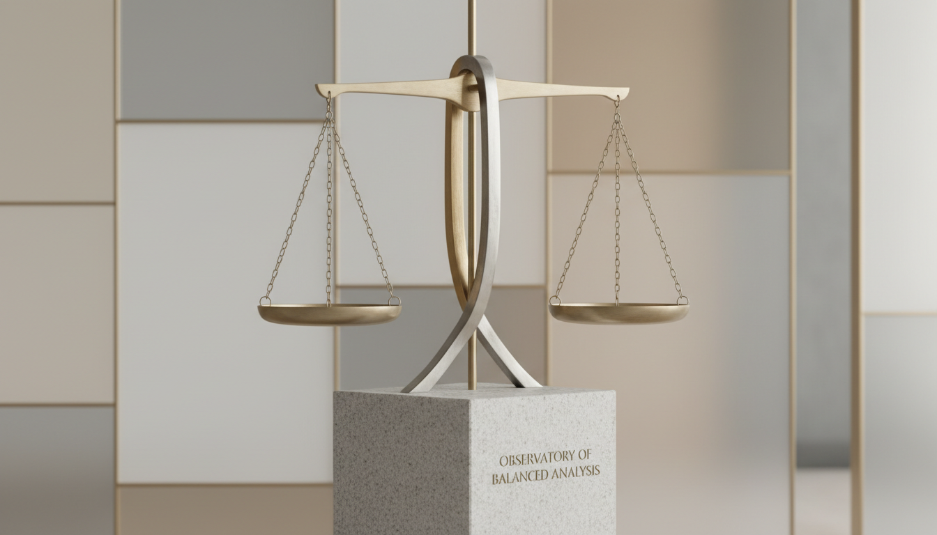 A close-up of a stately, polished metallic scale of justice, its arms and chains perfectly balanced atop a matte stone pedestal. The background features a minimalist arrangement of geometric glass partitions in soothing, neutral tones, suggesting a professional institutional setting. Even, indirect studio lighting subtly illuminates the metal's brushed texture, creating gentle highlights along the contours and delicate shadowing beneath the scale. Composed at eye-level with a sharp focus throughout, the mood is structured and contemplative, evoking a sense of impartiality, fairness, and dignity. The photographic realism and neutral palette underscores the observatory’s commitment to balanced analysis and justice.