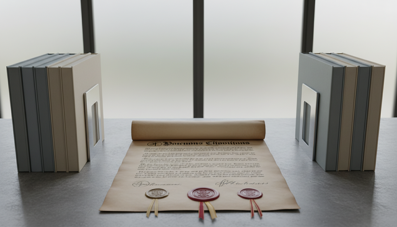 An intricately detailed, unrolled parchment document with embossed seals and crisp, precise legal text, displayed on a smooth stone slab desk. Flanking the document are minimalist metal bookends and clean-lined folders in subtle slate and beige hues. A large frosted glass window behind allows diffused daylight to softly illuminate the document, producing muted highlights and understated shadows. Captured from a slightly elevated angle and centered, the composition is orderly and refined, with a focus on clarity and transparency. The atmosphere is earnest and methodical, embodying the professional, justice-driven mission of the observatory in a clean, photographic style.