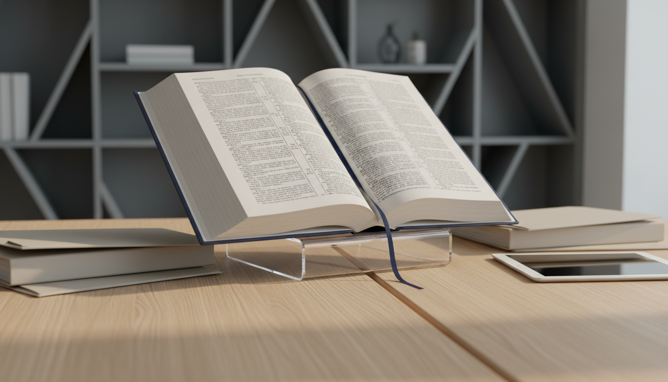 A close-up view of an open legal reference book with cream-colored pages and precise black text, neatly bookmarked with a thin, navy blue ribbon. The book rests on a clear acrylic stand atop a structured light oak table, surrounded by carefully aligned neutral folders and a muted silver tablet device. Gentle morning daylight falls in from the right, creating subtle highlights on the page edges and a soft bokeh effect in the background, which features blurred geometric shelves in slate grey. Captured with a shallow depth of field and a rule-of-thirds composition, the scene conveys clarity, focus, and reliability. The image employs a clean, photographic, and professional style, reinforcing the site’s commitment to rigorous legal analysis and transparency.